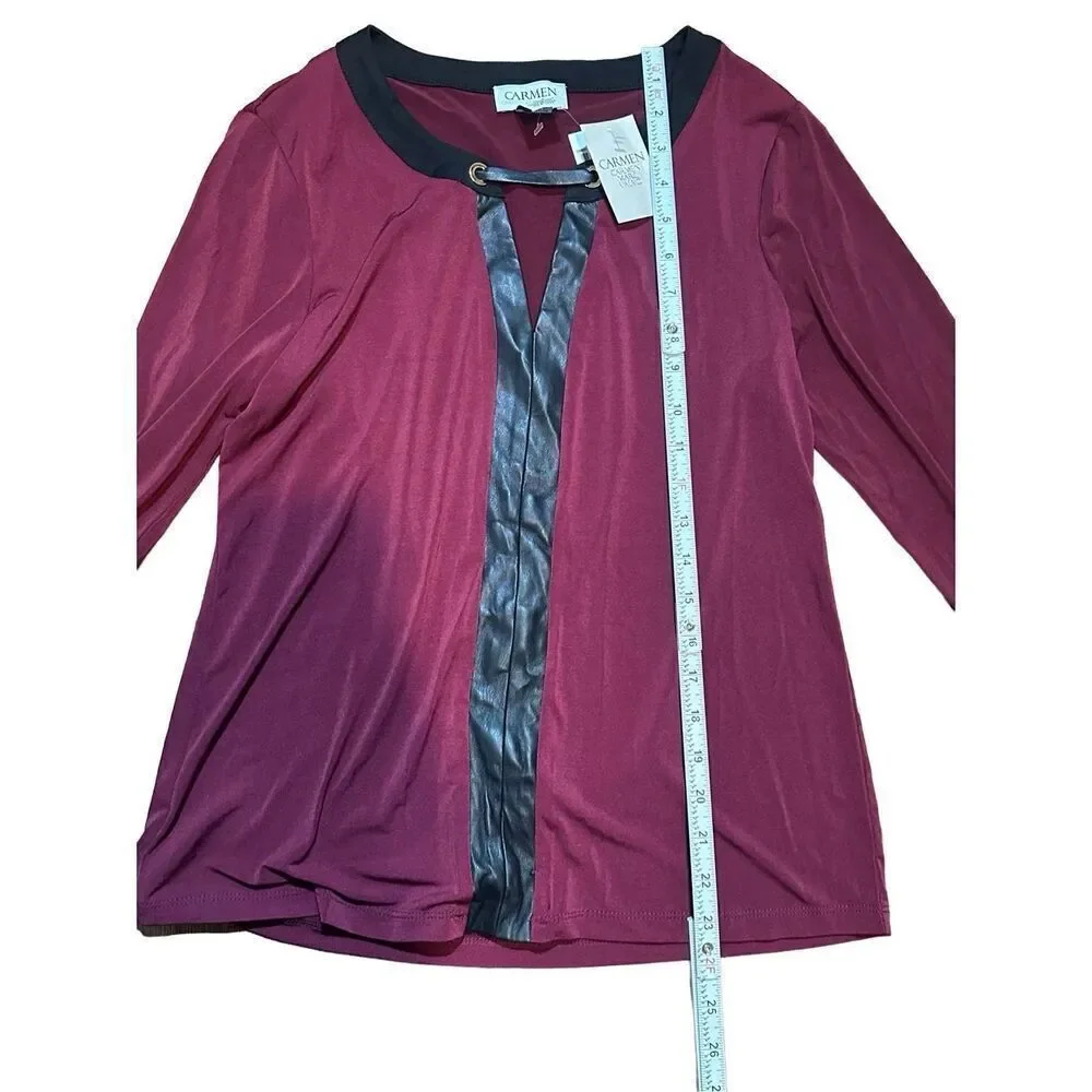 Carmen Marc Valvo wine red long sleeve blouse with faux‎ leather accent sz S NEW - Picture 6 of 6